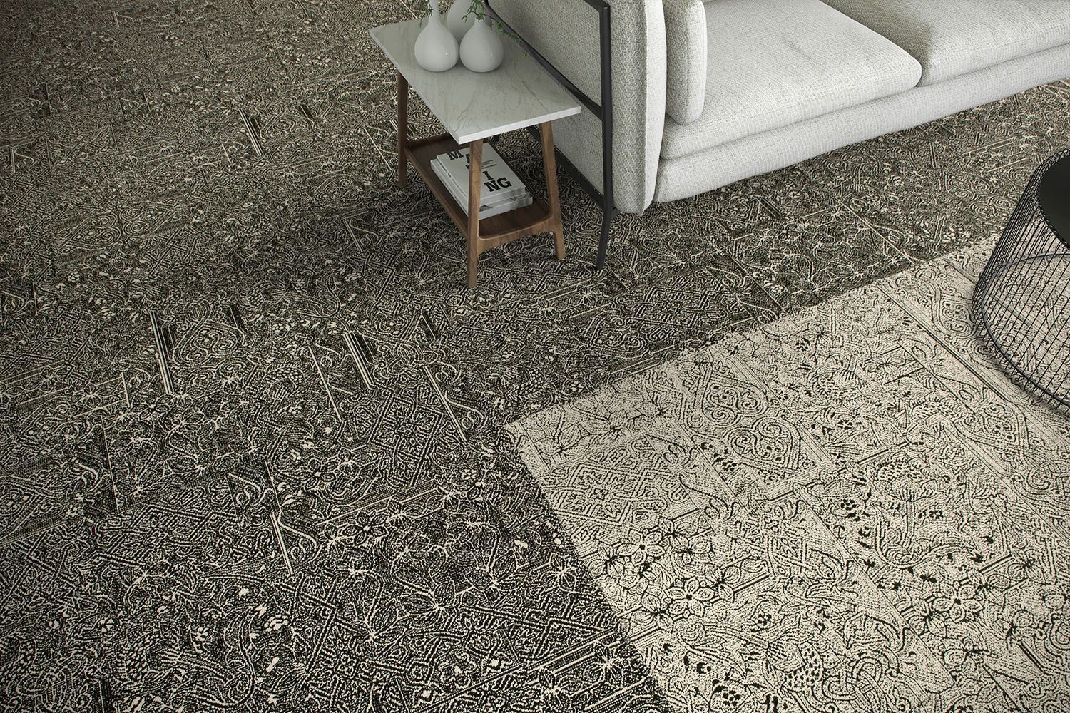 Detail of Interface DL924 and DL924N carpet tile with couch and end table with vases imagen número 2